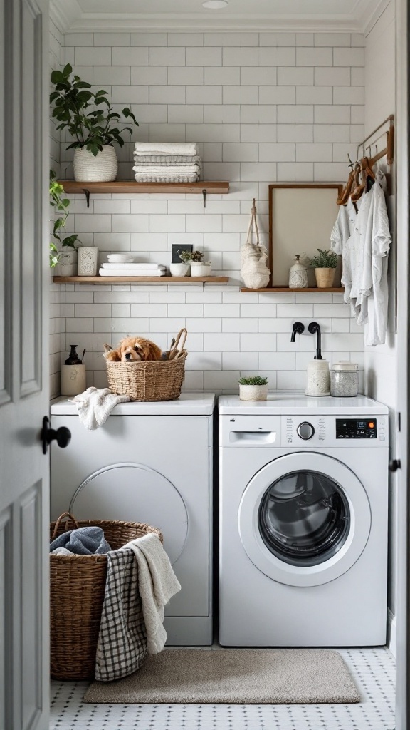 A well-organized small laundry room with a focus on creating a pet laundry area.