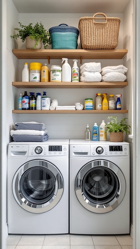 Organized small laundry room with open shelves and supplies