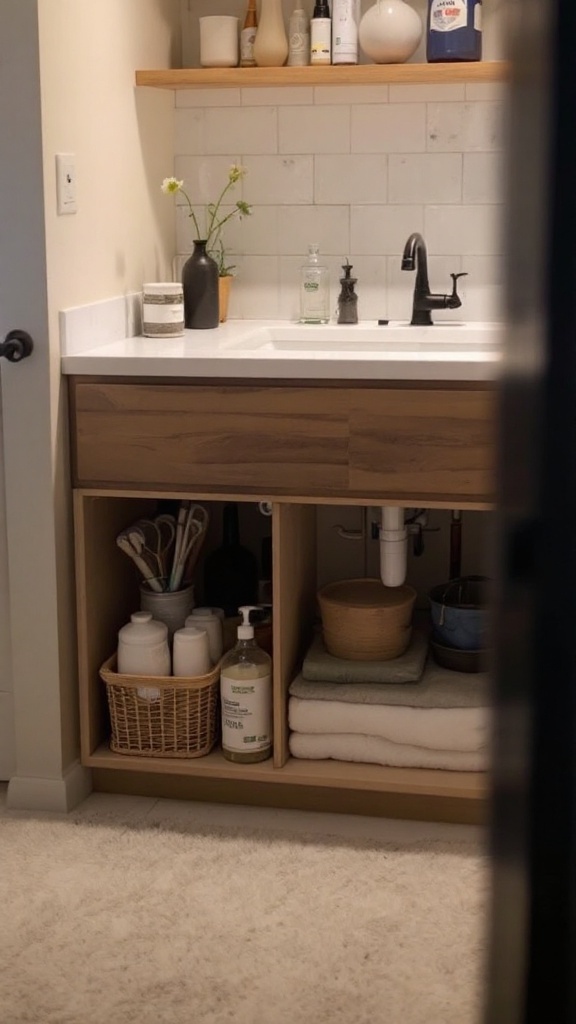 A cozy under-sink storage area with organized cleaning supplies and towels.