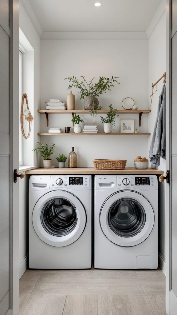 A small laundry room featuring compact washer and dryer units with shelves and plants.