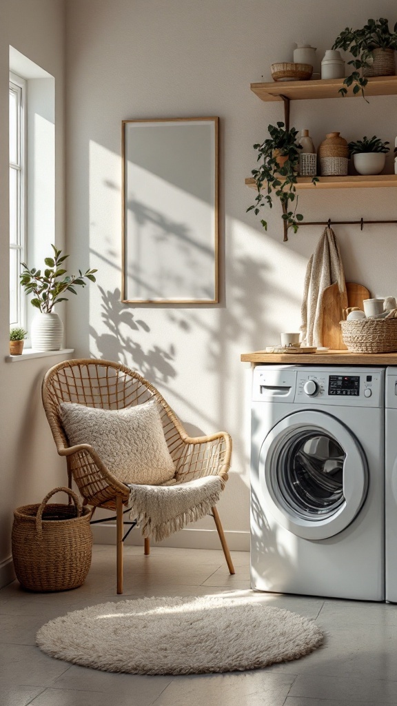 Cozy laundry nook with a chair, plants, and decorative shelves.