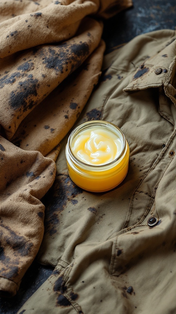 A jar of petroleum jelly on a black and white fabric with tar stains.