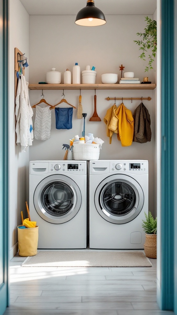 A small, organized laundry room with cleaning supplies on shelves and tools hung on the wall.