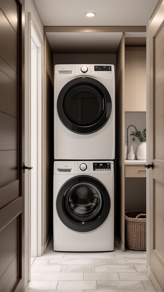 A small laundry room featuring stackable washer and dryer units.