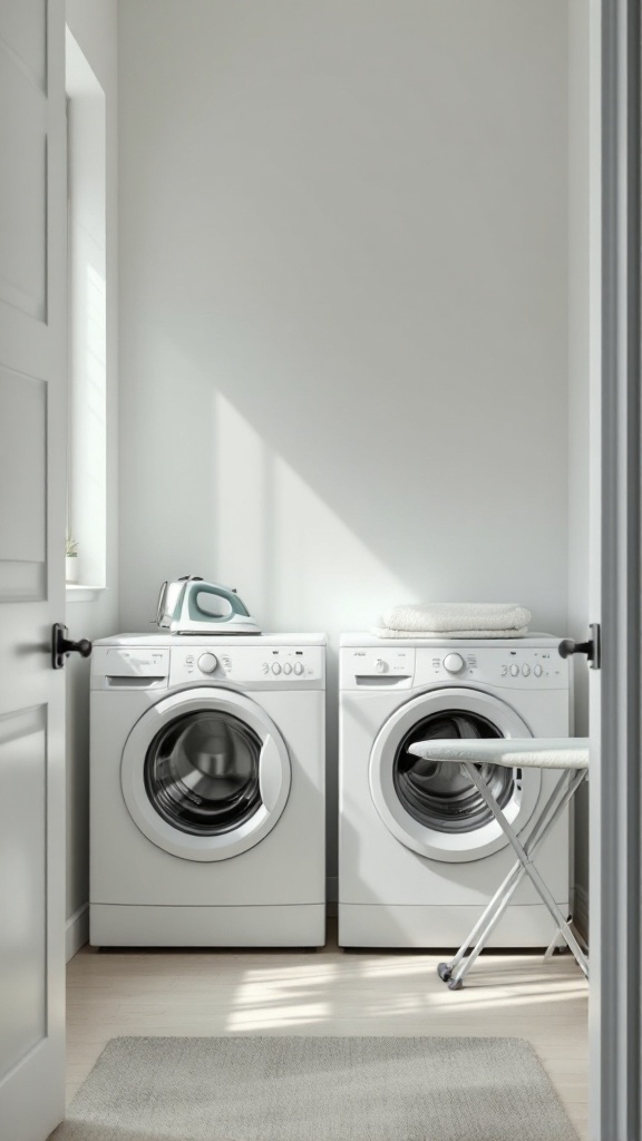 A bright and minimalist small laundry room featuring a washer and dryer, an ironing board, and natural light.