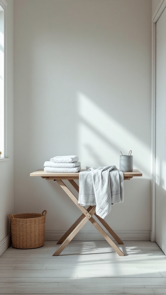 A small laundry room with a folding table, neatly arranged towels, and a basket.