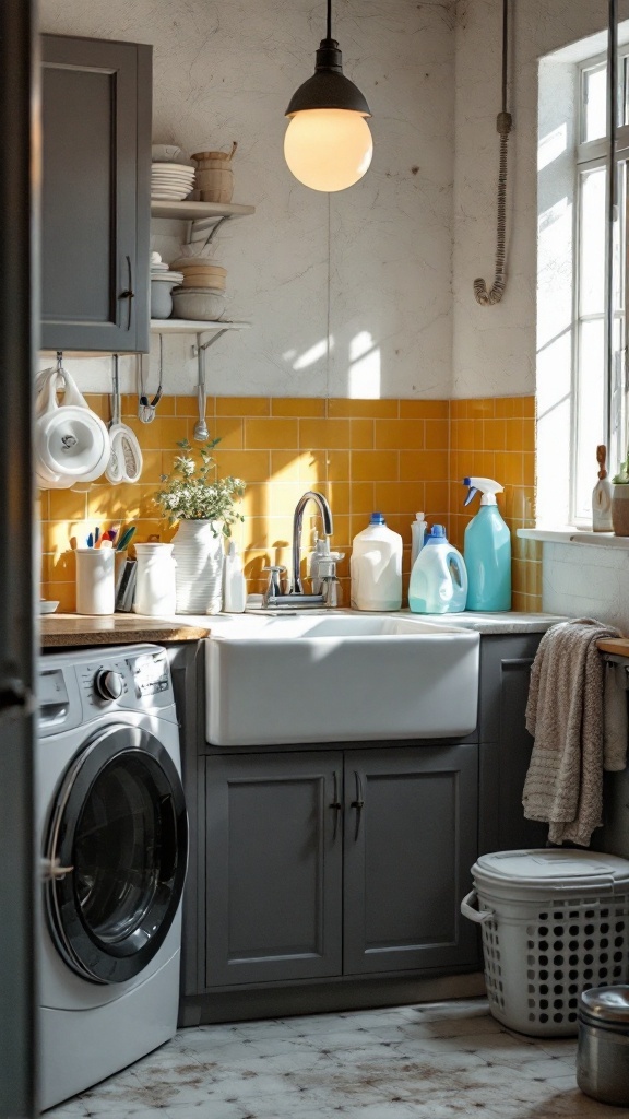 A small laundry room featuring a utility sink, washing machine, and organized shelves.