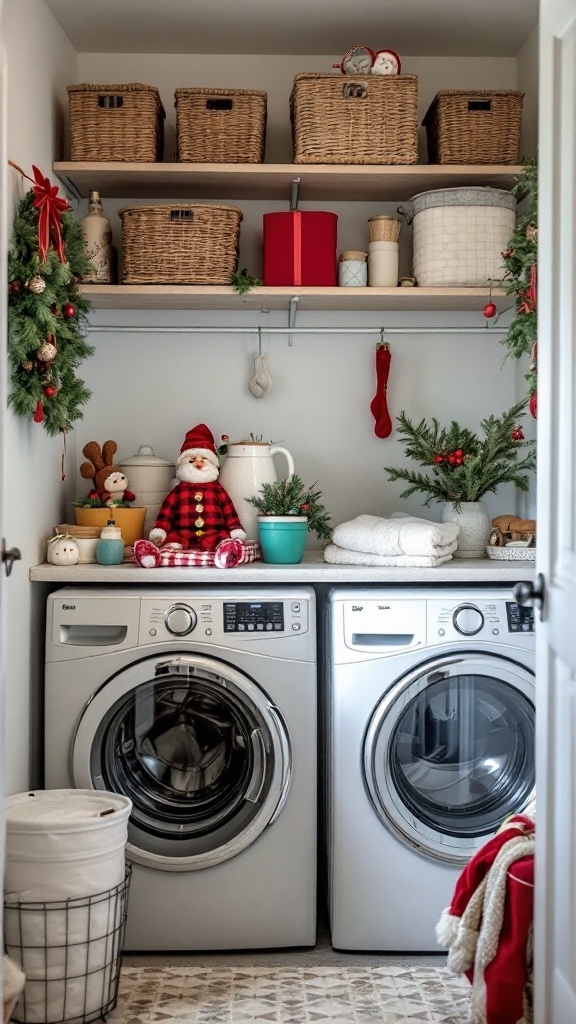 A cozy laundry room with seasonal decorations and organized storage baskets.