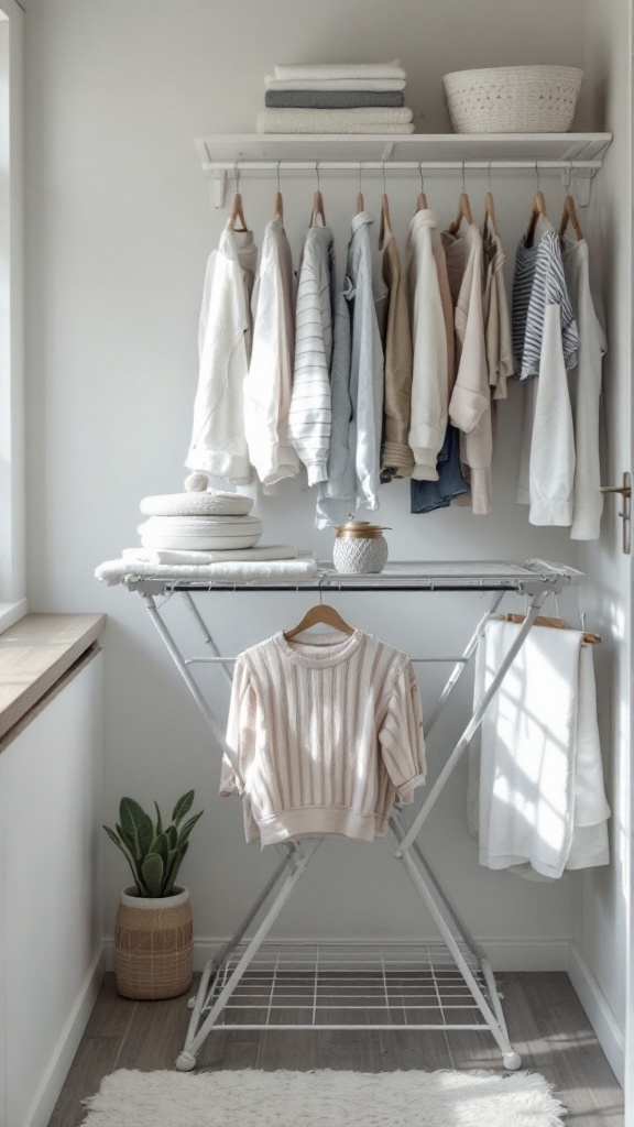 A small laundry room featuring a drying rack with freshly washed clothes, neatly arranged shelves, and a plant.