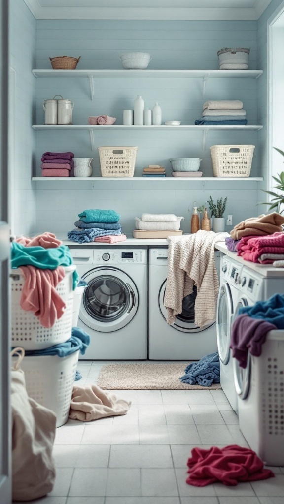 A well-organized small laundry room with hampers and neatly folded towels on shelves.