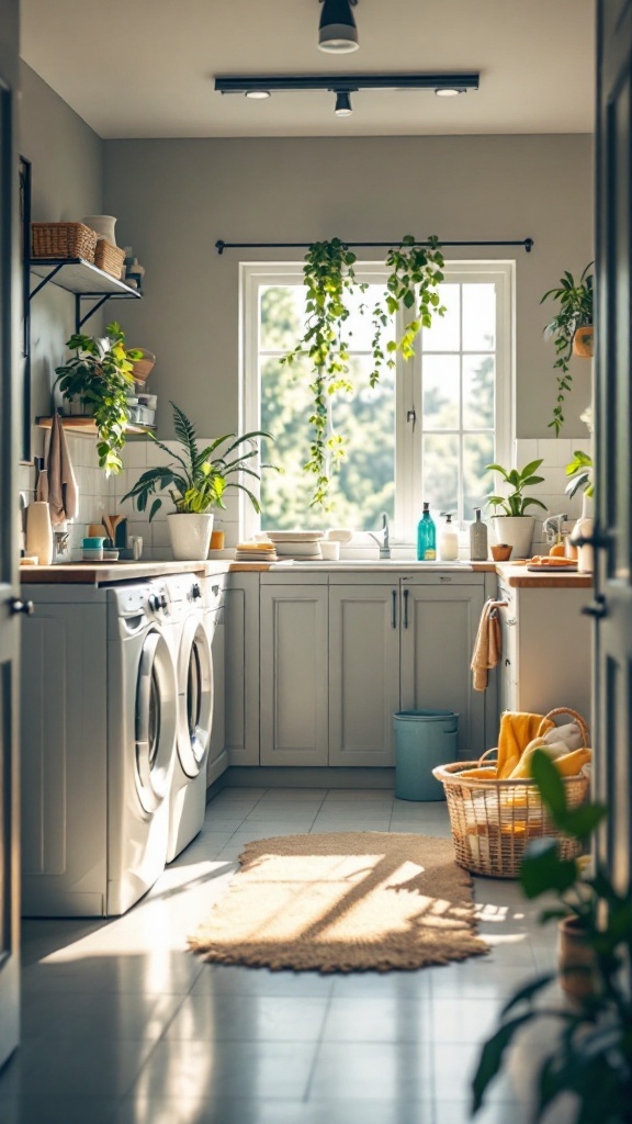 Bright and inviting laundry room with natural light and plants