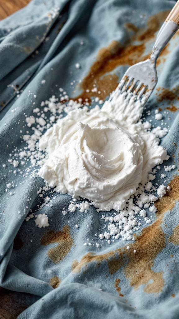 A thick paste of baking soda on a stained piece of fabric.