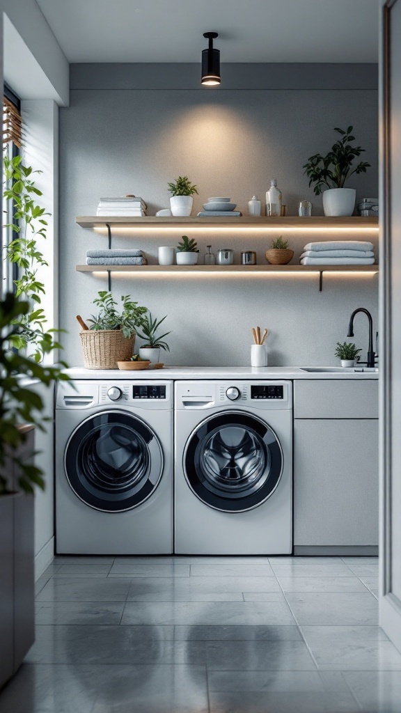 A modern laundry room with two washing machines, neatly organized shelves, and plants.