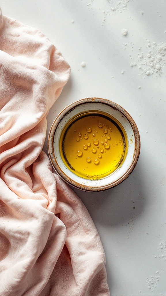 A bowl of olive oil next to a soft pink cloth