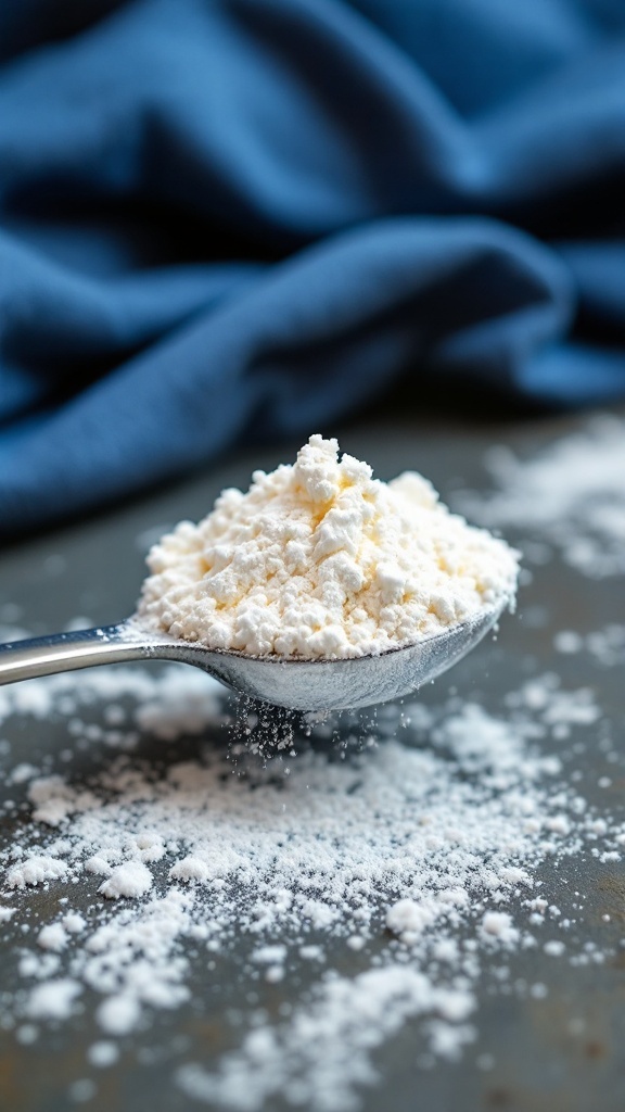 A spoonful of OxiClean powder with scattered powder on a surface.