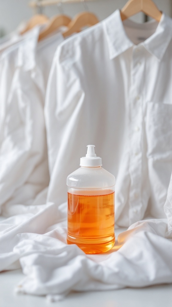 A bottle of bleach on a white shirt background, suggesting a DIY bleach solution for stain removal.