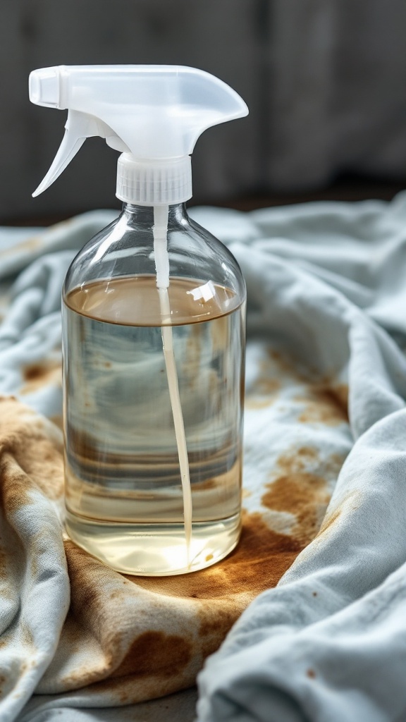 A spray bottle filled with a clear liquid sits on a pile of wrinkled fabrics.