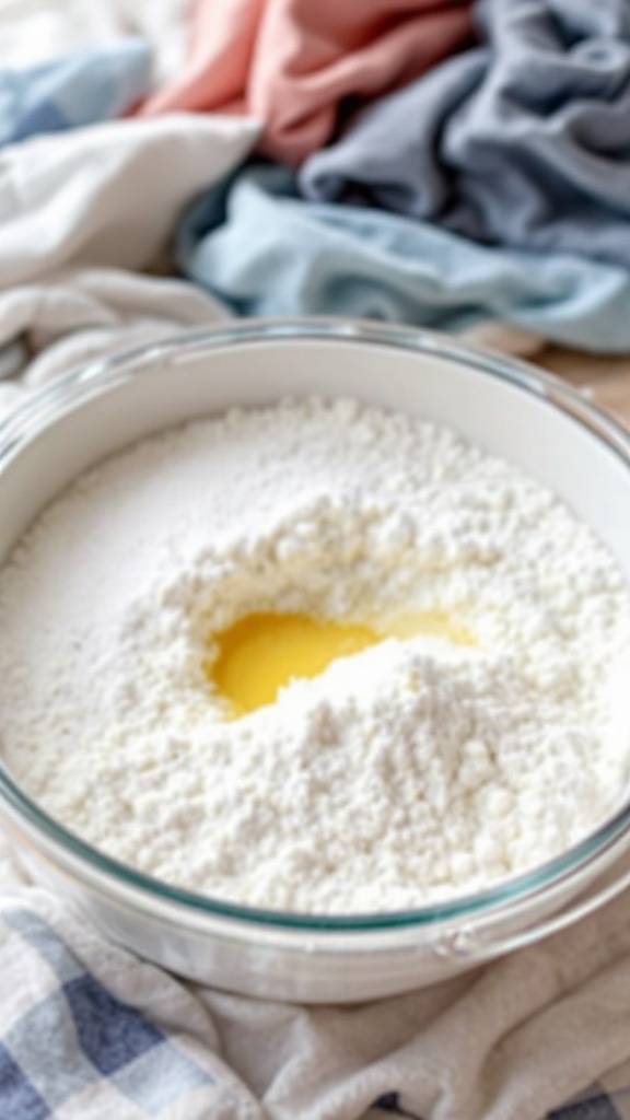 A bowl of baking soda on a soft, wrinkled fabric backdrop.