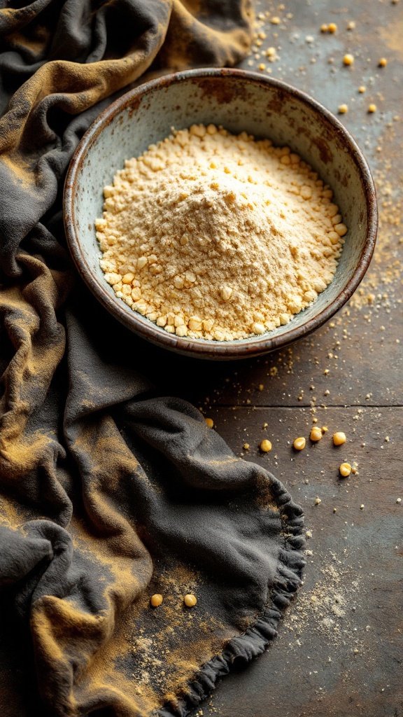 A bowl of cornmeal surrounded by a stained cloth on a dark surface.