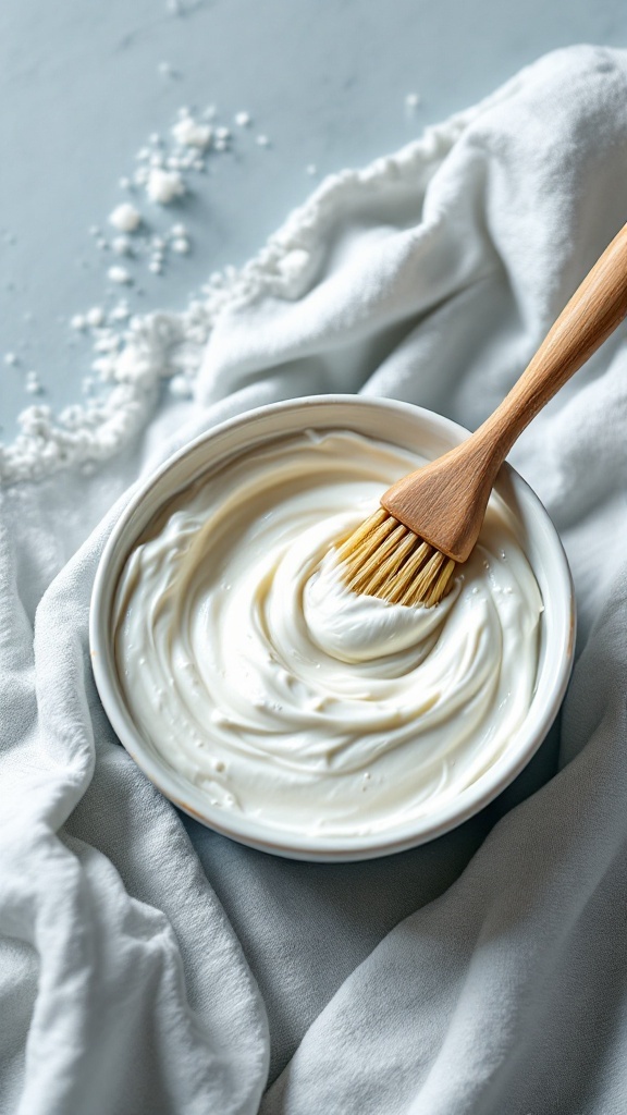 A bowl of creamy laundry detergent concentrate paste with a wooden brush on a light background.