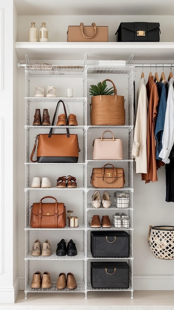 A well-organized closet with vertical organizers displaying bags, shoes, and clothing.