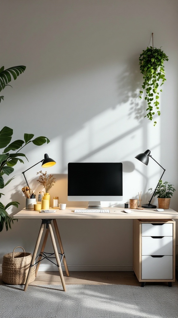 A tidy work-from-home desk setup with plants and minimal clutter.