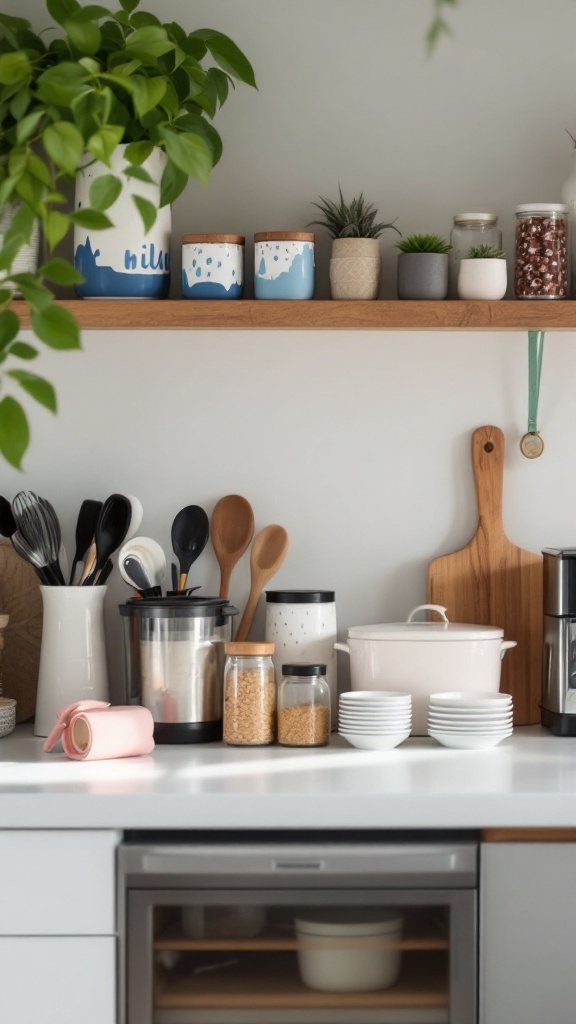 A clutter-free kitchen countertop with minimal appliances and decorative storage containers.