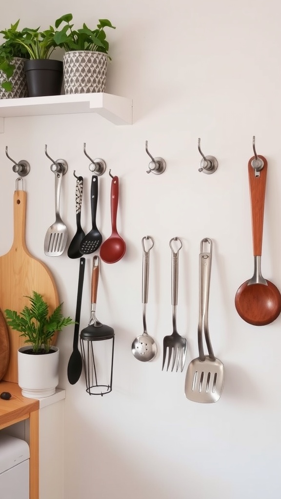 A wooden rack with hooks holding kitchen utensils and towels.