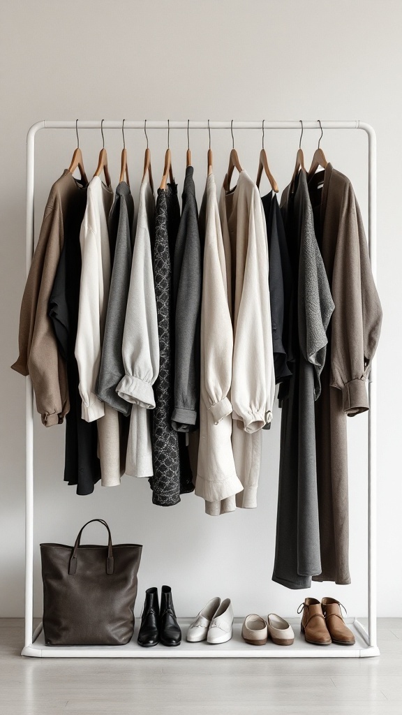 A neatly organized capsule wardrobe with a variety of clothing and shoes on a rack.