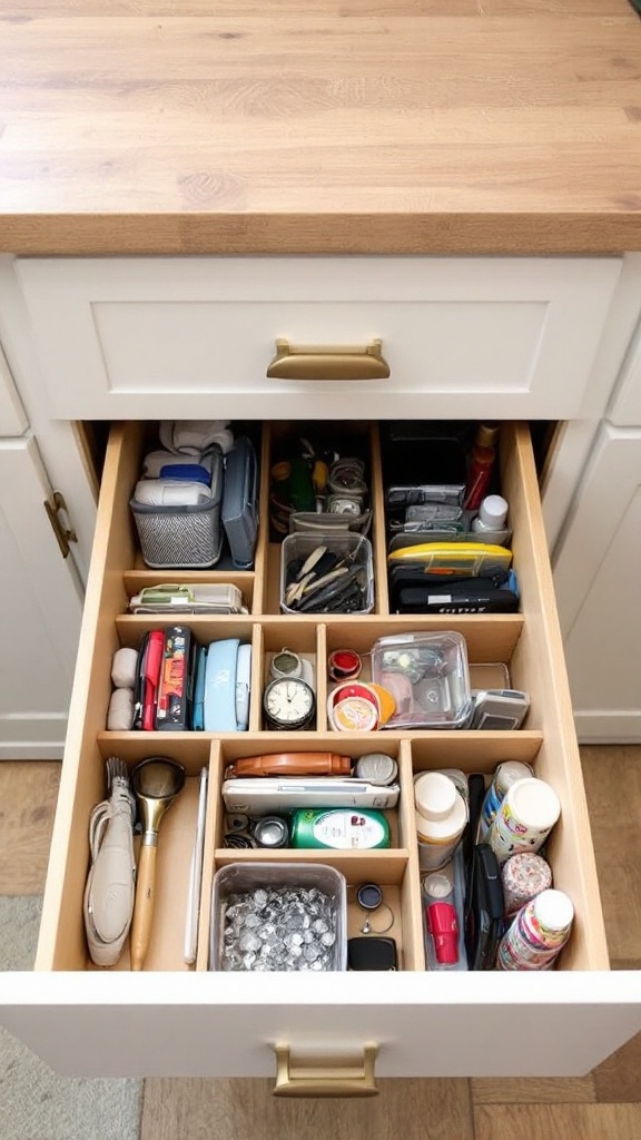 An open junk drawer with small compartments and organizers, showing a transformed clutter space.