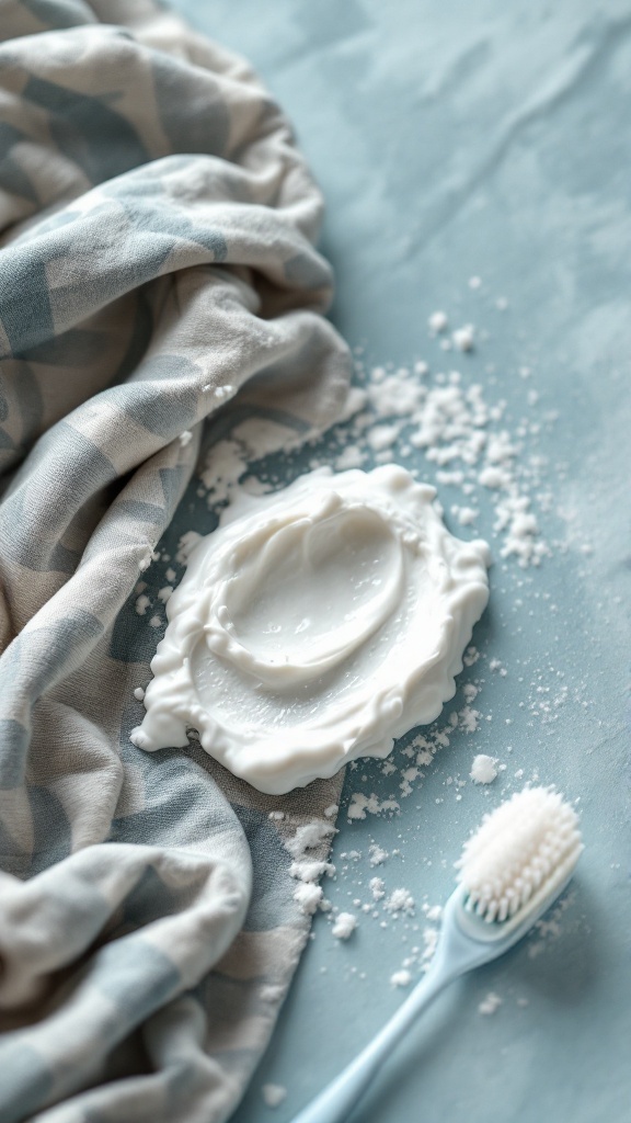 A small bowl of a white paste made from hydrogen peroxide and baking soda, accompanied by a light-colored cloth and a toothbrush.