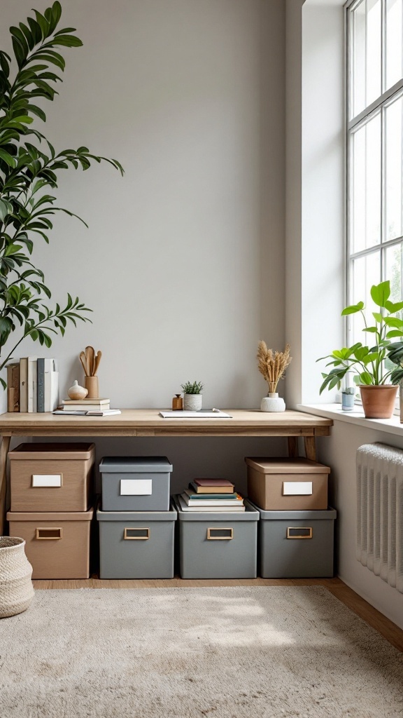 A home office with labeled storage boxes and files, showcasing the impact of labeling on organization.