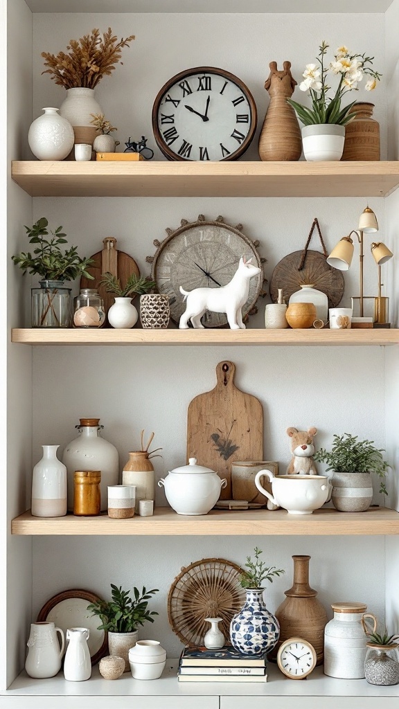 A shelf displaying an organized collection of knick-knacks in aesthetically pleasing arrangements.