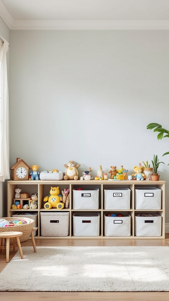 A neat storage solution for children's toys with bins and plush toys.