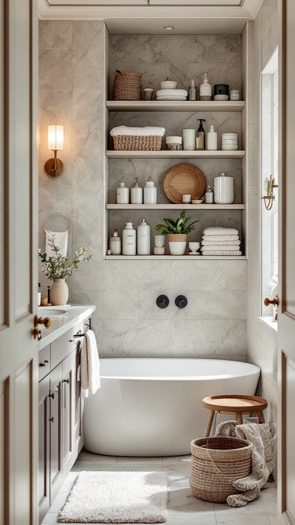 A clutter-free bathroom designed with spa-like elements, including thoughtful storage solutions.