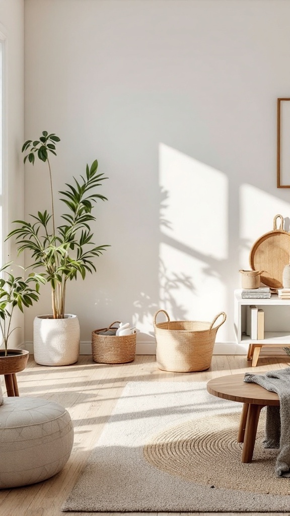 A tidy living room with various decluttering techniques showcased, such as baskets and storage solutions.