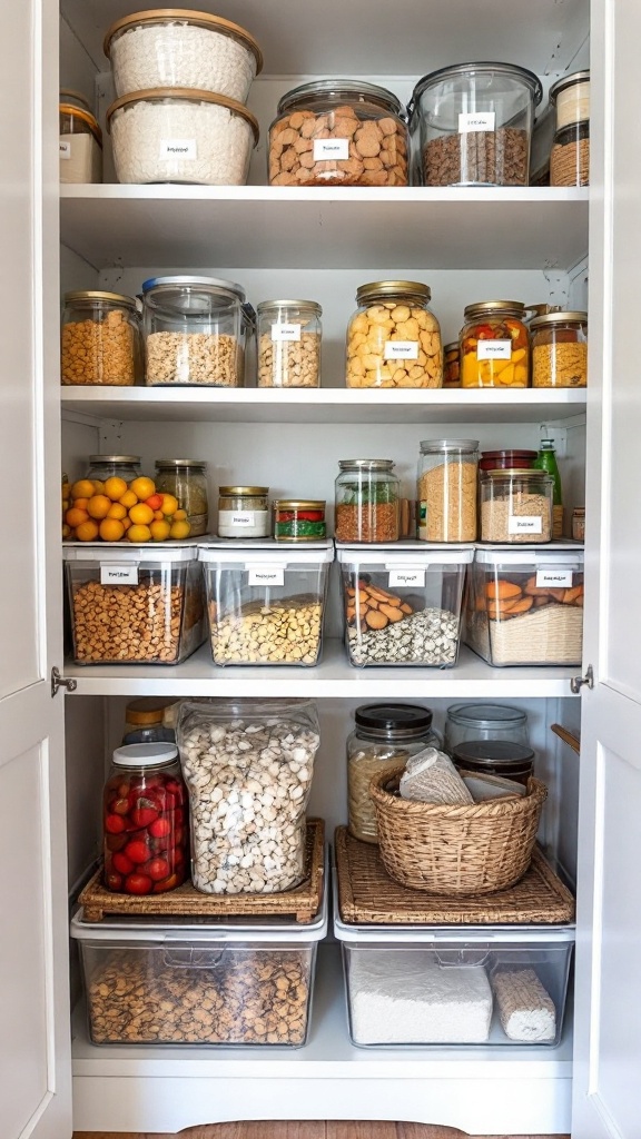 A pantry filled with clear bins neatly organizing various food items and labeled for easy access.