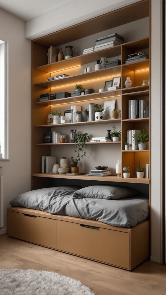 A small apartment with innovative storage ideas like under-bed storage and wall-mounted shelves.