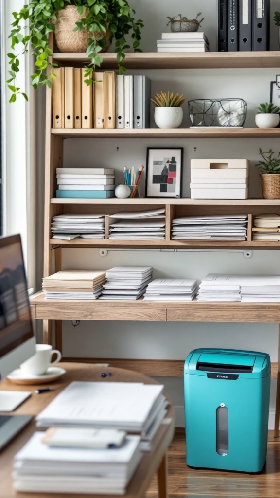 A home office desk with an organized paper management system, including file folders and a shredder.