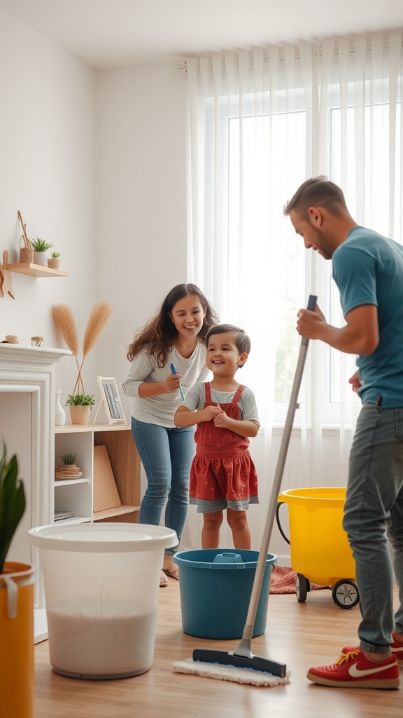 A family cleaning their home together, with a focus on teamwork and efficiency.