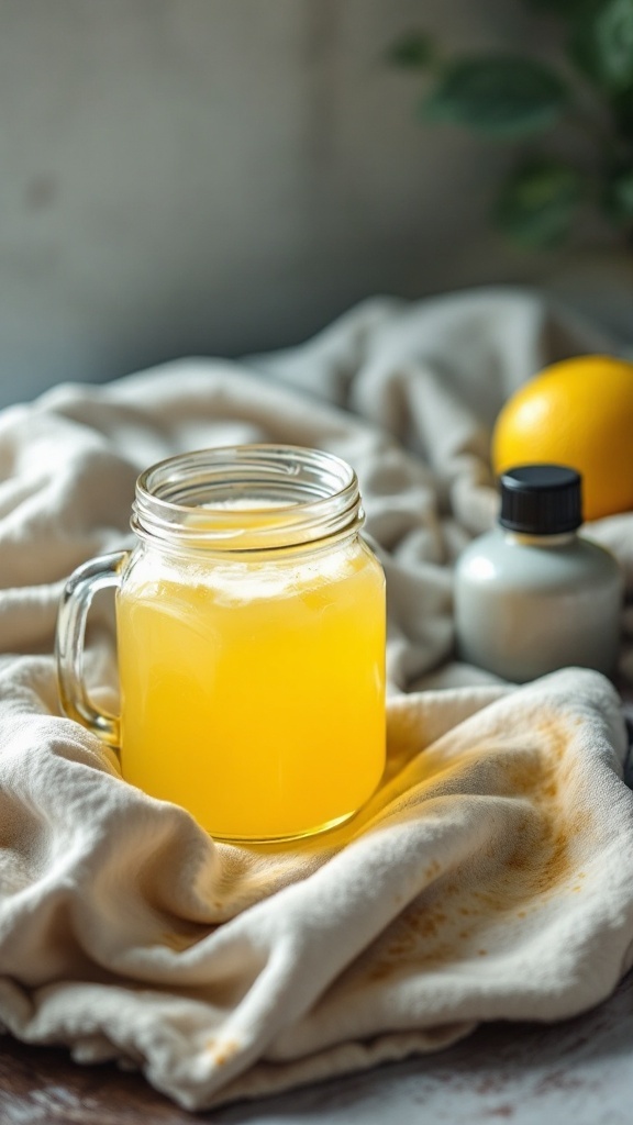 A jar of lemon juice on a cloth with stains.