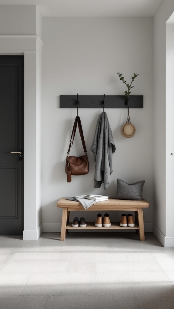 A neat entryway with hooks, a shoe rack, and a small bench, highlighting minimalist design.