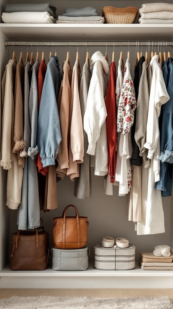 A seasonal closet swap showing winter and summer clothing organized in separate sections.