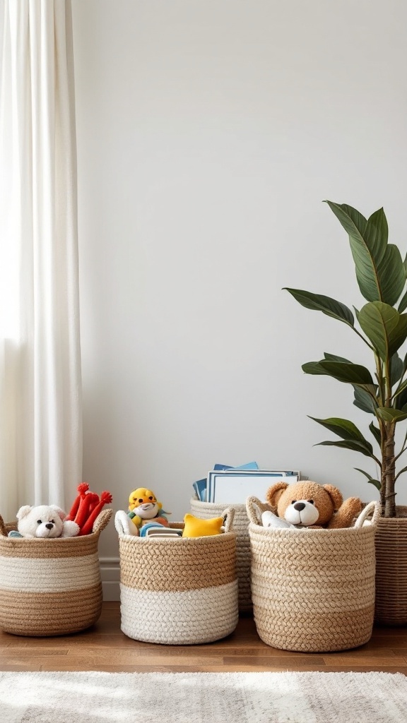 A stylish living room featuring decorative baskets used for organizing toys and magazines.