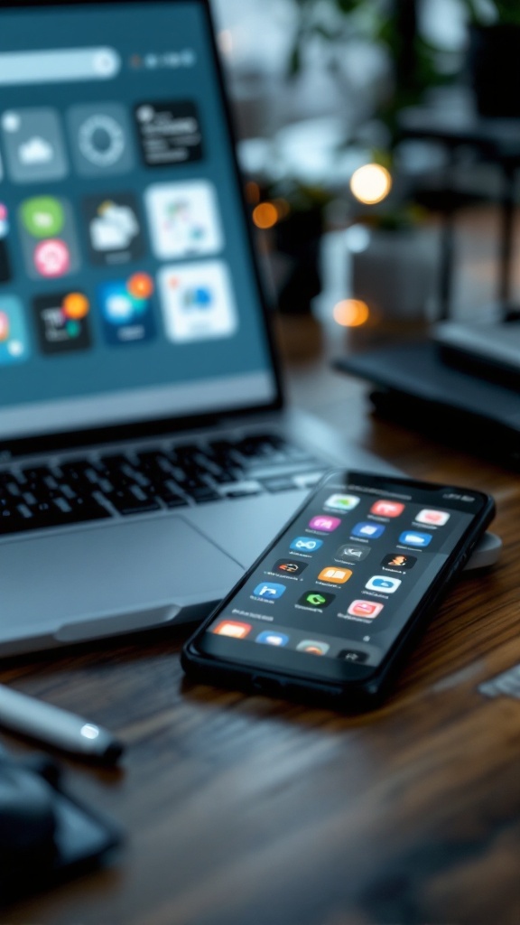 A smartphone and laptop on a wooden table with a plant in the background, symbolizing digital solutions for organization.