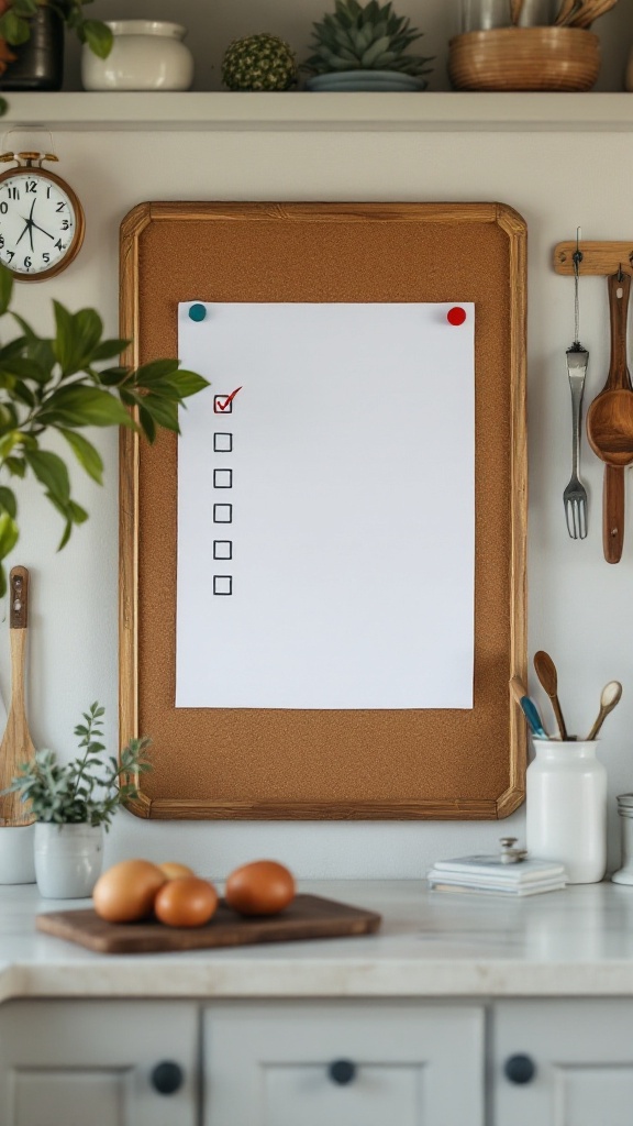 A checklist of daily decluttering habits pinned on a kitchen corkboard, surrounded by clutter-free spaces.