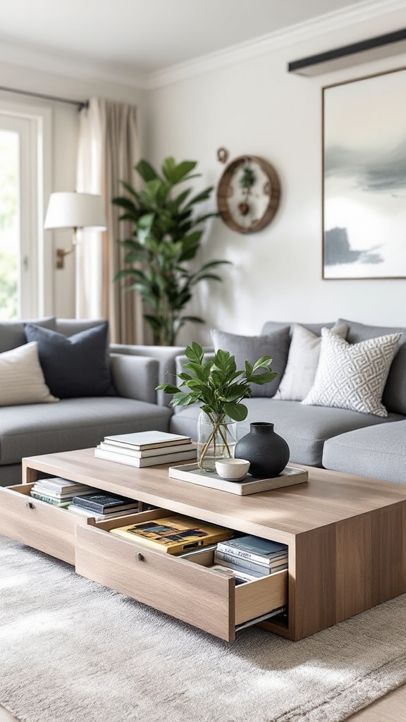 A cozy living room featuring a multi-functional coffee table with books and decorative items.