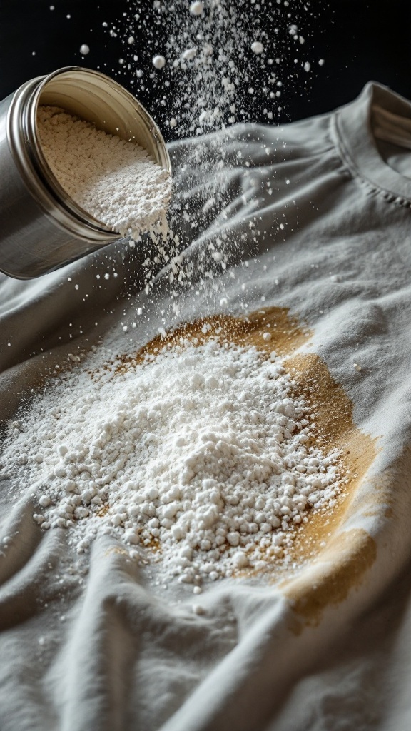 A canister of cornstarch pouring onto a stained shirt.