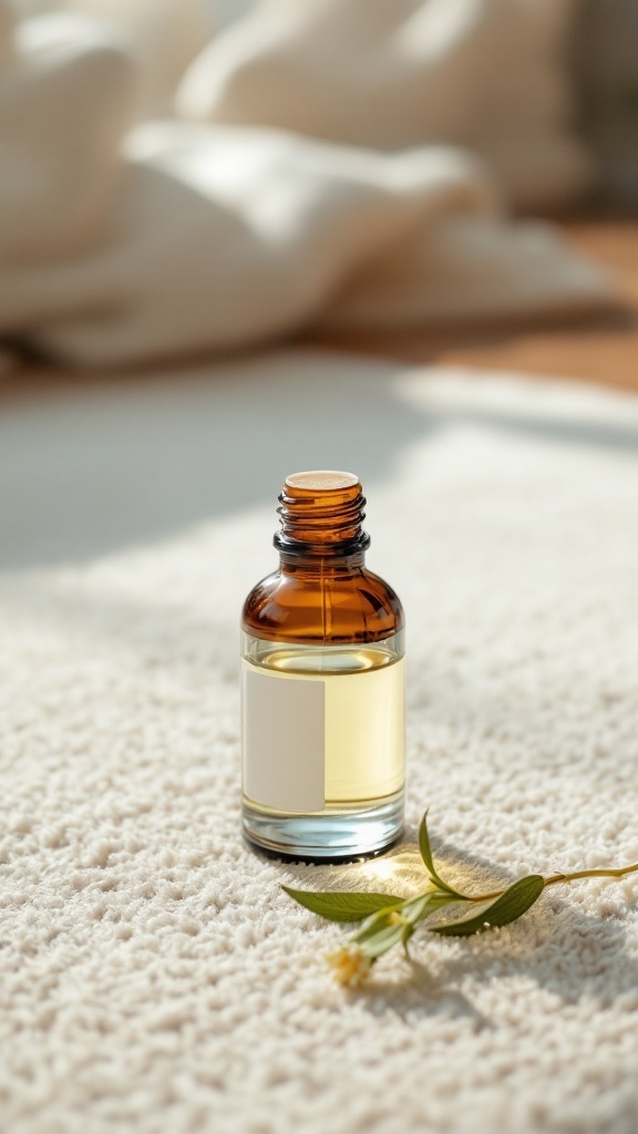 A small bottle of essential oil next to a carpet.