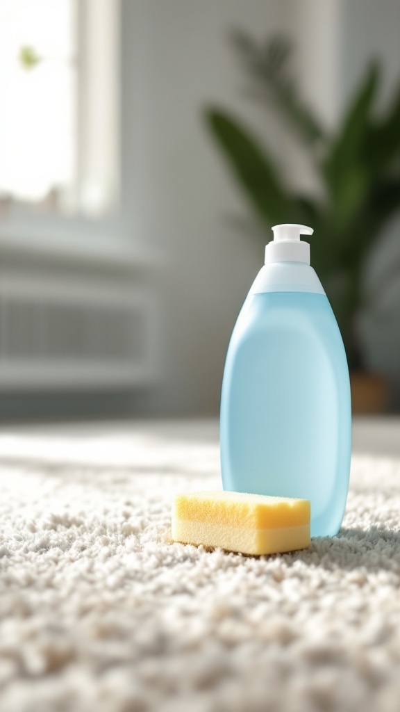 A bottle of baby shampoo with a sponge on a carpet being cleaned.